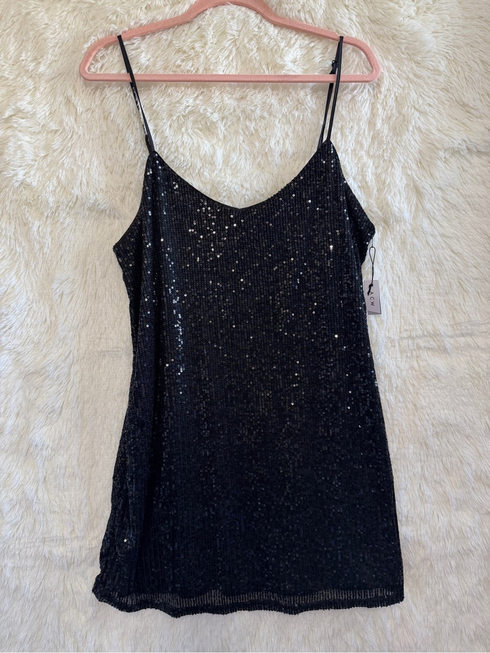 ACW Womens Sequin Mini Cocktail Dress L/XL Black LBD Lined Slip Fairy Grunge